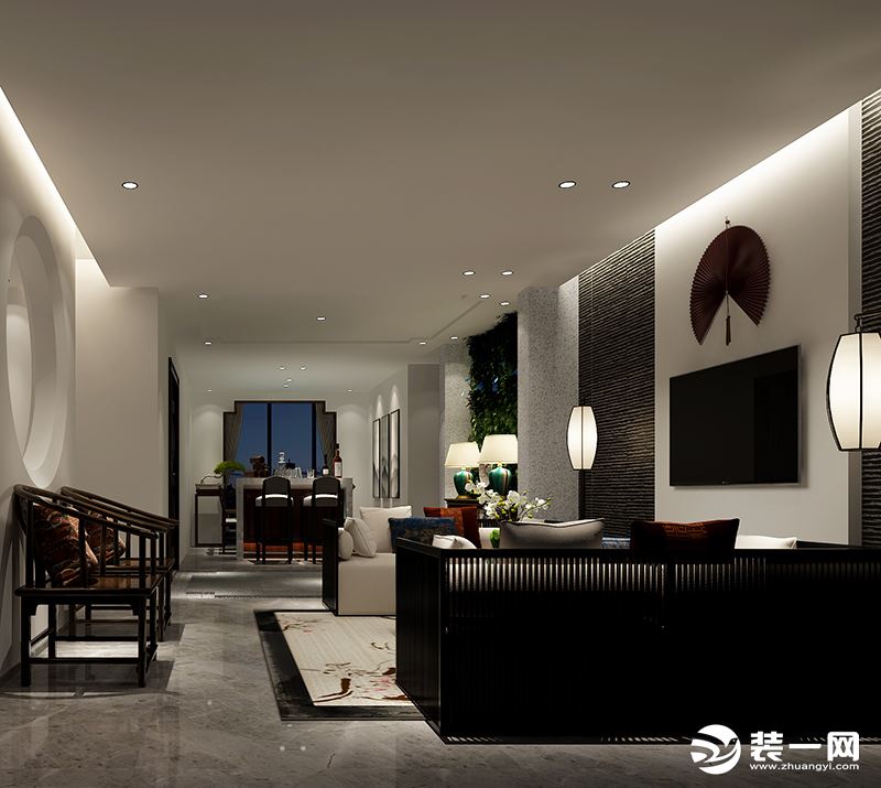 中海阳光玫瑰园客厅四房家装装修设计新中式风格案例效果图