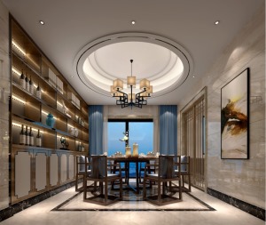 新力帝泊湾四居中式餐厅—楼梯，吧台，壁纸，酒柜