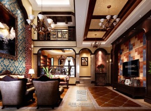 香逸澜湾223平别墅美式风格客厅背景墙装修设计
