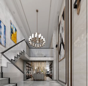 新力时代广场别墅装修设计案例现代风格玄关楼梯走廊