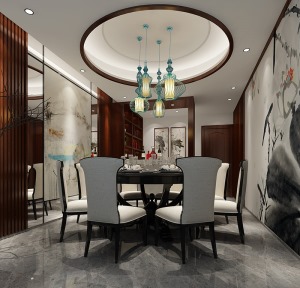中海阳光玫瑰园餐厅新中式风格家居布局结构装修案例