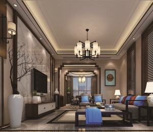 保利香槟别墅新中式风格家装设计案例效果图