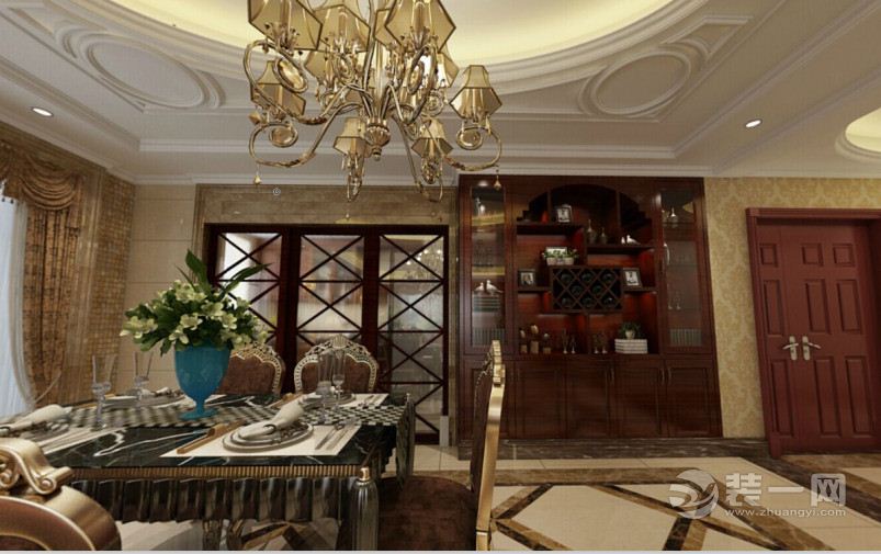 南昌玺园180平米三居室欧式风格餐厅-楼梯，吧台，壁纸，酒柜