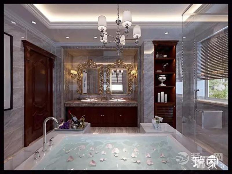浴室通过简约的线条代替复杂的花纹，采用更为明快温暖的颜色，既保留了古典欧式的典雅与豪华，又更适应现代
