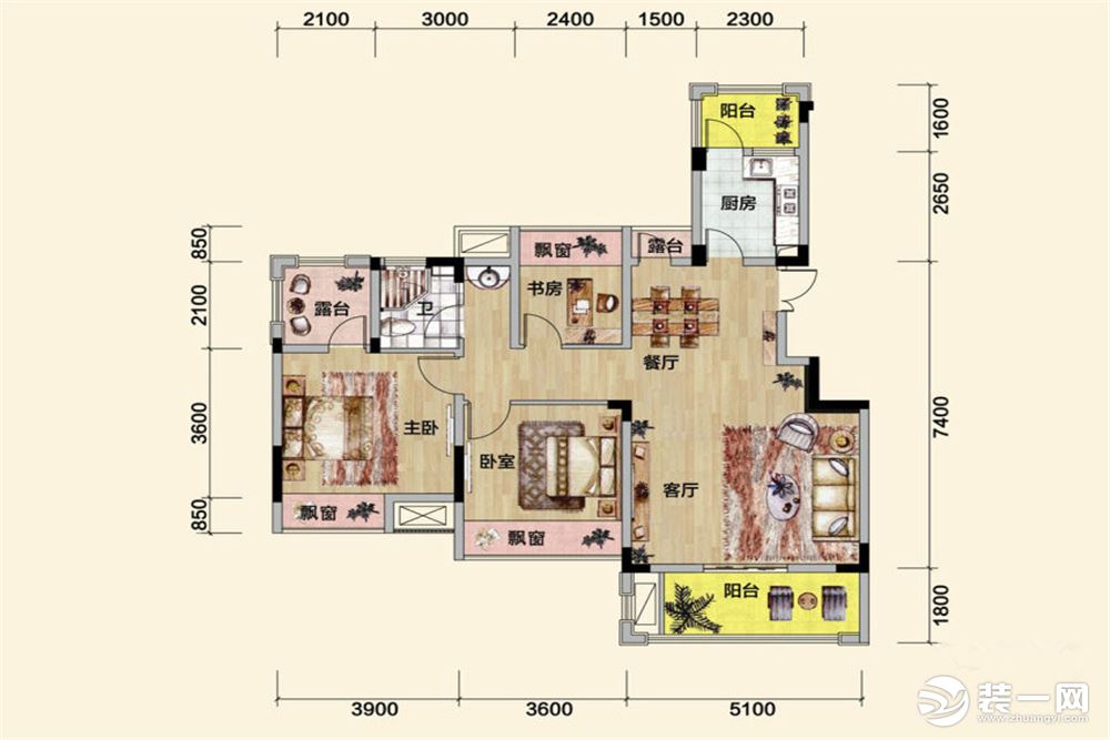 户型图  阔裕客厅带景观阳台，自然美景寸步不离；客厅餐厅连为一体，良好互动。