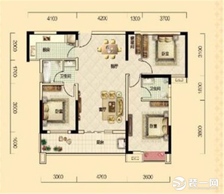 【众意装饰】中建文华星城123平+ 现代美式风格 +三居室 户型图