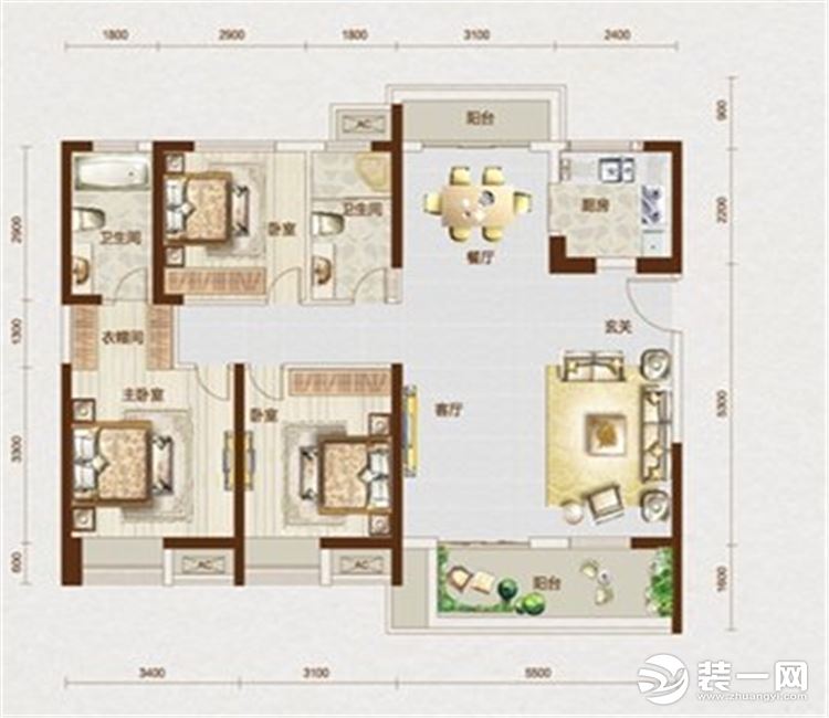 【众意装饰】联投驿园127平+ 现代风格+ 三居室  户型图