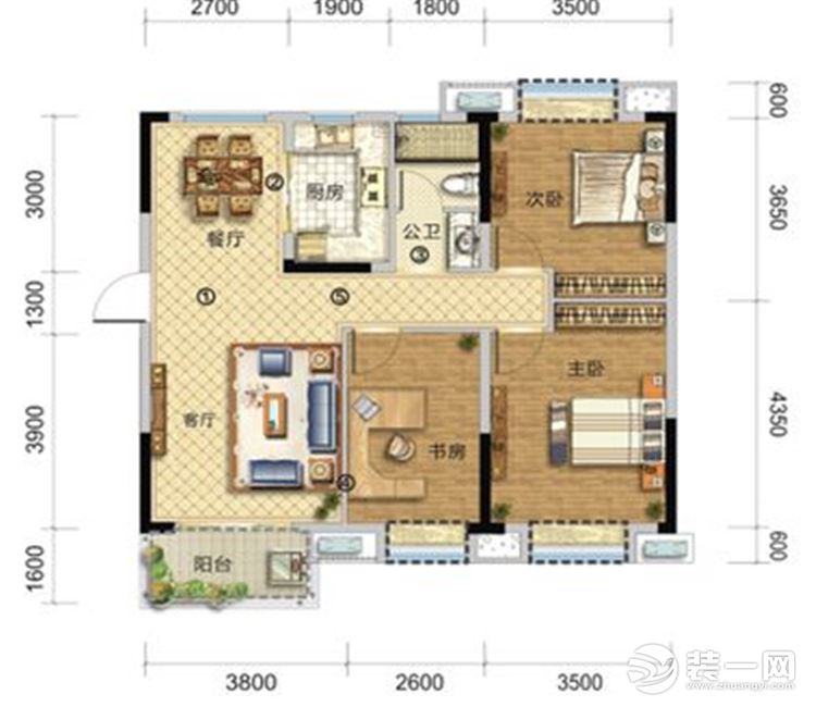 【众意装饰】国采光立方104平 +新中式风格 +三居室 户型图