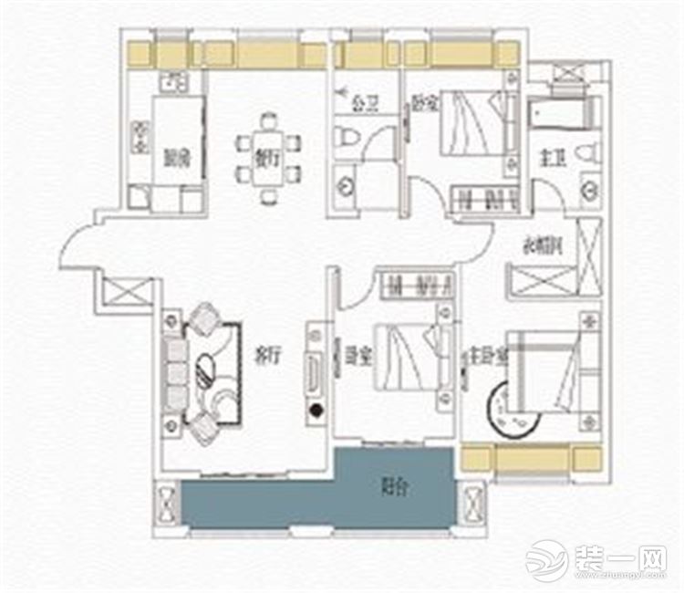 【众意装饰】复地东湖国际132平+ 简美风格+ 三居室 户型图
