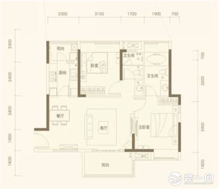 【众意装饰】纯水岸东湖93平+ 美式风格+ 两居室  户型图