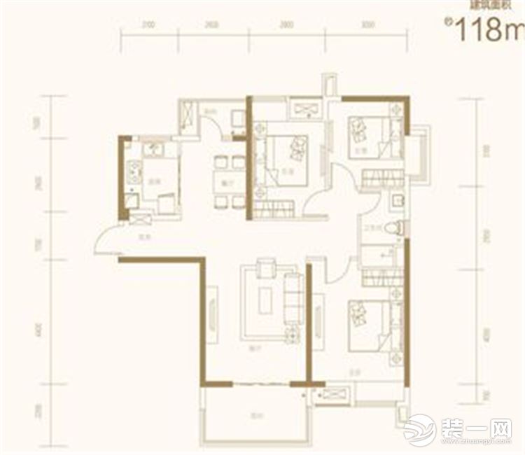 【众意装饰】纯水岸东湖118平+ 简约美式风格+ 三居室  户型图