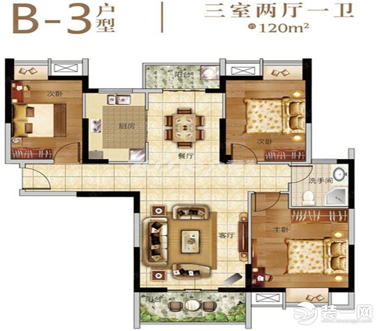 【众意装饰】金地天悦120平 +简美风格 +三居室  户型图
