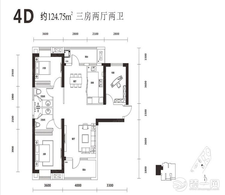 【众意装饰】正堂山外山124平 +现代简约风格+ 三居室  户型图