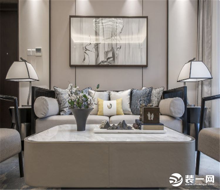 【众意装饰】广信万汇城127平 +新中式风格 +四居室 客厅效果图