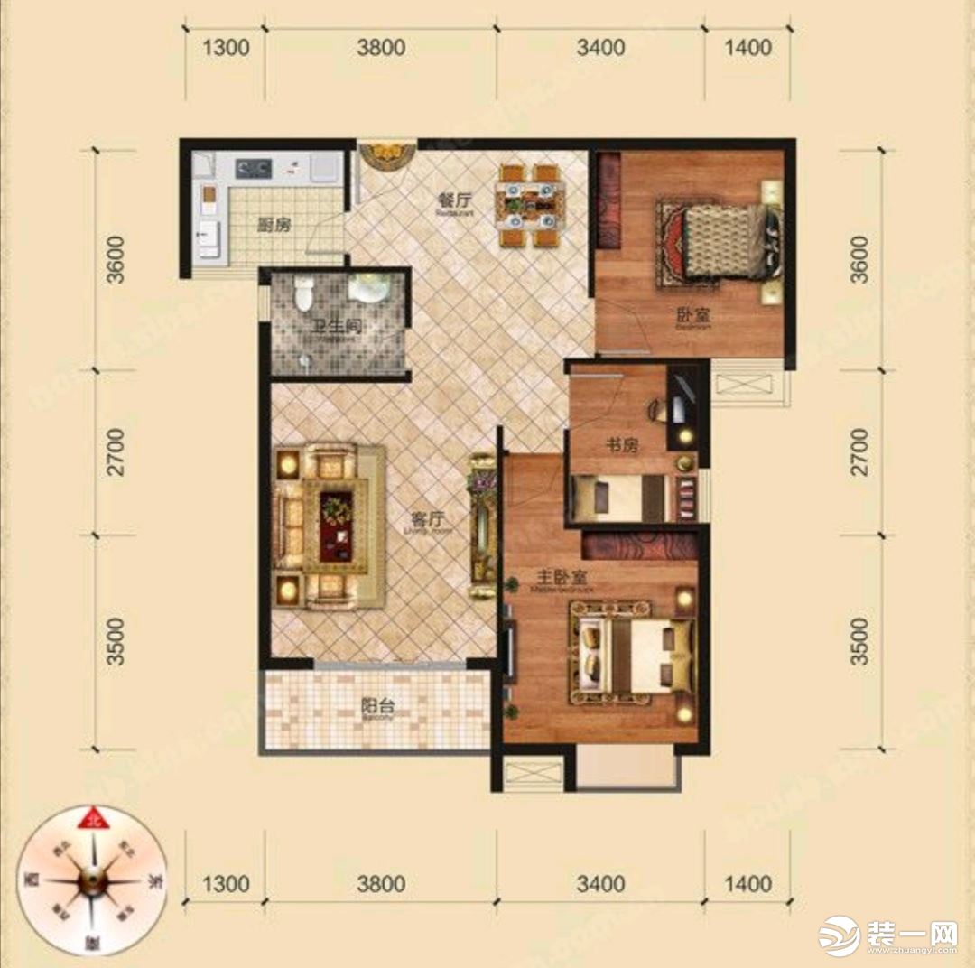 【眾意裝飾】+富麗金瀾灣94平+地中海風(fēng)格+三居室+戶型圖