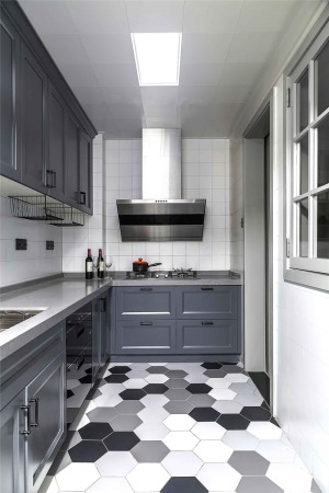 厨房 低饱和度的灰色色系，突显出工业风格中的冷硬强韧；