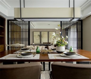 【众意装饰】驿山高尔夫311平+ 新中式风格 + 别墅  餐厅效果图