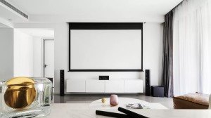 客厅取消了电视机，取而代之的是投影幕布，黑白色搭配的电视墙线条利落，格调满满。