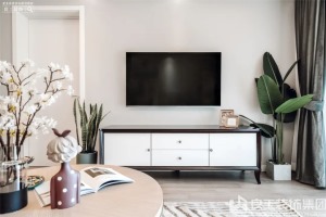 客厅影视墙搭配软装后，电视背景墙直接用淡灰色乳胶漆进行涂刷，用富有美式风格的坂木结合电视柜