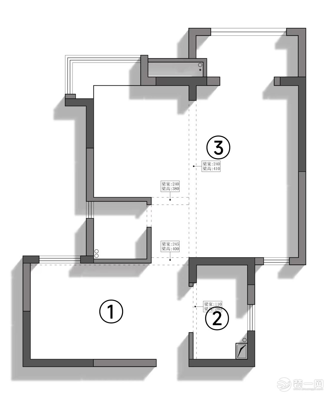 改造前： ①入戶餐廳和次臥室在一起較擁擠，且沒有玄關。 ②原始廚房只有1.68*3.1的空間，比較小