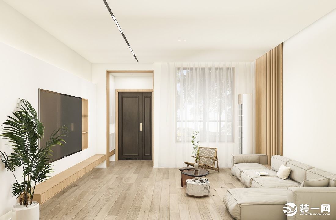 沙发墙运用木板与木格栅作为背板，中间嵌入的灯带将两者进行分隔，垭口套与顶面的梁设计穿插丰富空间。
