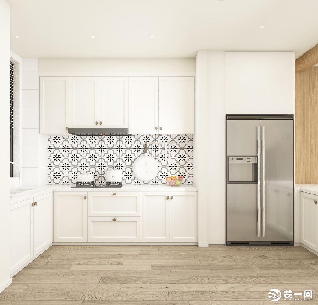 开放式厨房运用花砖将全屋的白色增添色彩，运用储物柜将冰箱旁的管道进行隐藏，并设计了西厨吧台，方便传菜