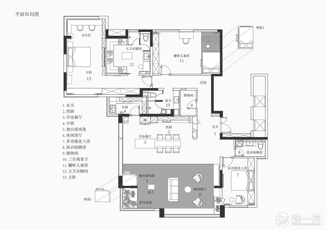 改造要点： 1. 入户新建玄关端景墙，规避入户视线，界定公私场域  2. 一字型西厨与岛台式餐厅围合