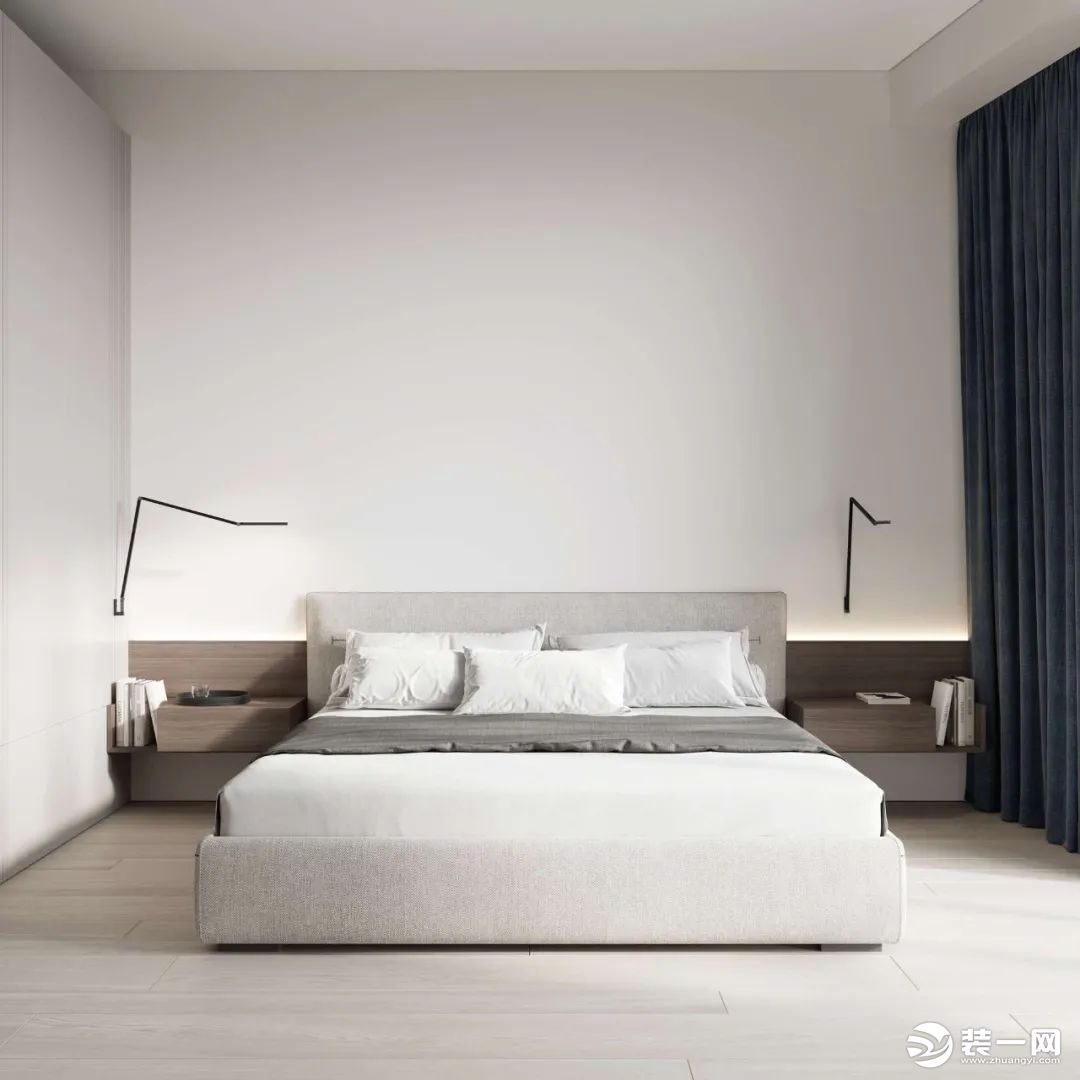 卧室的氛围自然、质朴，设计师用留白的手法呈现了一个极简空间下的自由美学，创造了现代舒心的生活氛围。