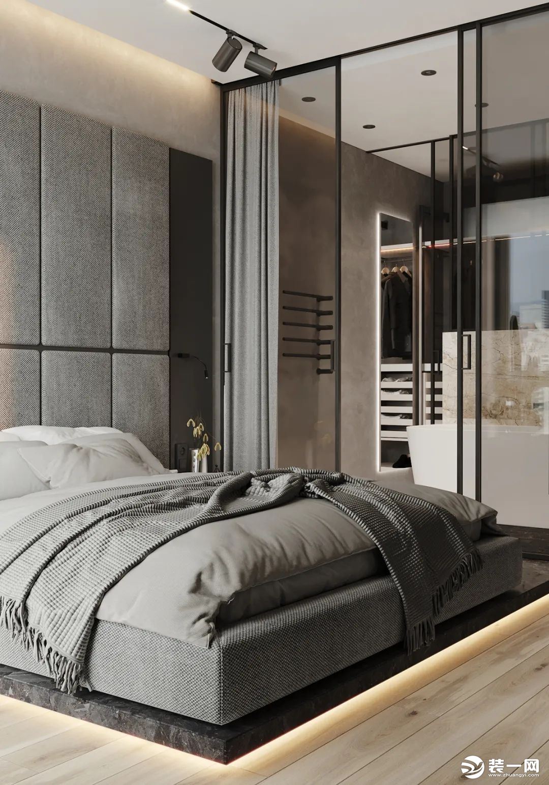 卧室主色调为灰色＋原木，床头背景为灰色，整体深色系硬装搭配原木色地板，给予室内安静的氛围感。