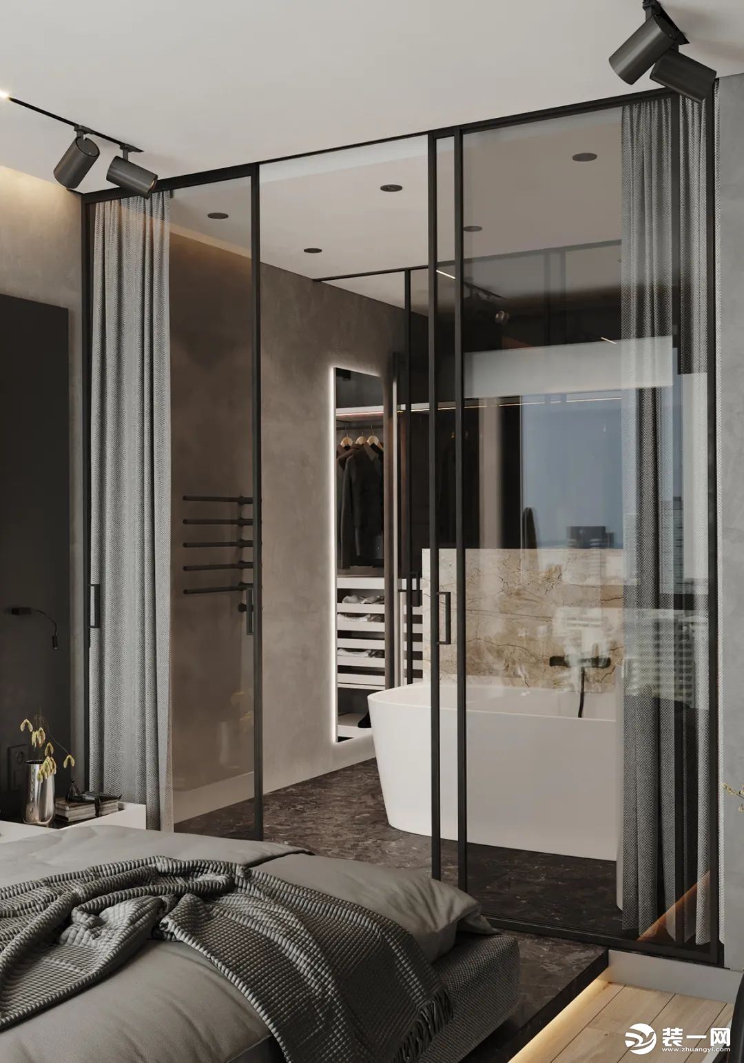浴室采用灰色系地板，搭配奶油色系浴缸，低调优雅，又不失氛围感。