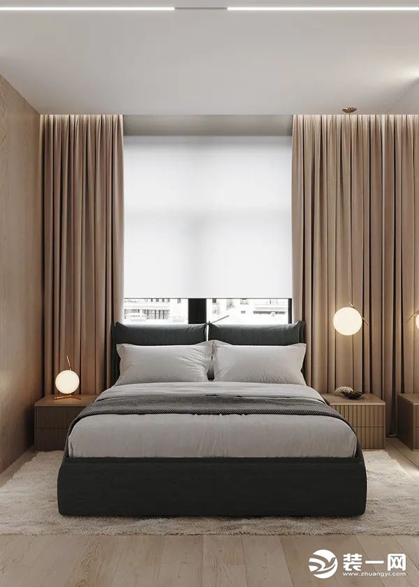 咖色窗帘与木色墙壁，与空间相呼应，吊灯点缀，让卧室充满温馨的感觉。