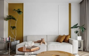 沙发背景左框以分割设计手法来强调墙面存在感，右框以传统欧式石膏线作为分割。芥末黄作为背景色进行填充，
