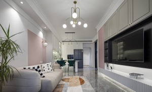 客厅地面使用800*800灰色地砖，沙发墙设计拼色，白色+粉色墙面漆，同时石膏线也随之墙面拼色所变化
