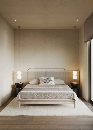 床头两侧采用黑色摆件，空间利用率高，并且满满高级感。