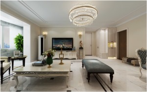 花香维也纳客厅电视墙新天第装饰145㎡三居室法式风格35万整装装修设计案例