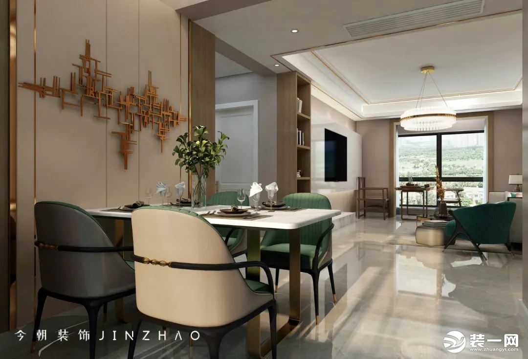 客餐厅整体氛围温馨雅致，墨绿色家具增添一抹亮色，使空间更加灵动。