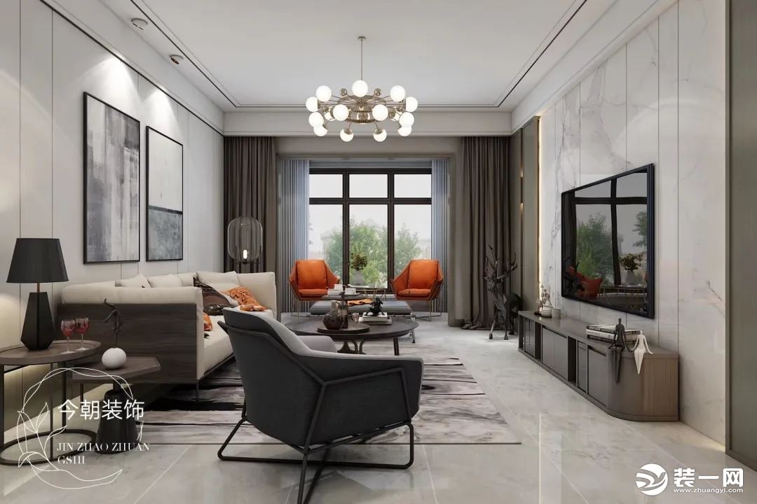 客厅，客厅整体浅灰色的空间与家居软装布置，结合轻奢与复古调的细节元素，让空间呈现出一种简洁舒适的大方