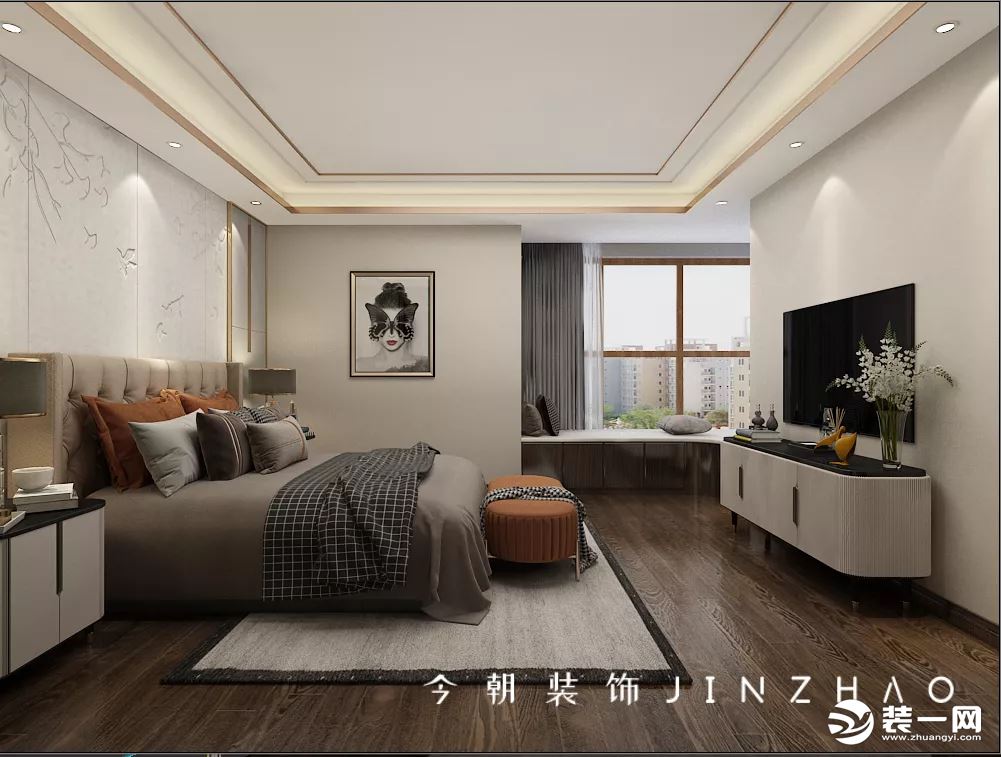 棕色木地板舒适大气，整体棕色调沉稳高级，金属吊顶线条与家具配饰的一抹亮色提亮空间
