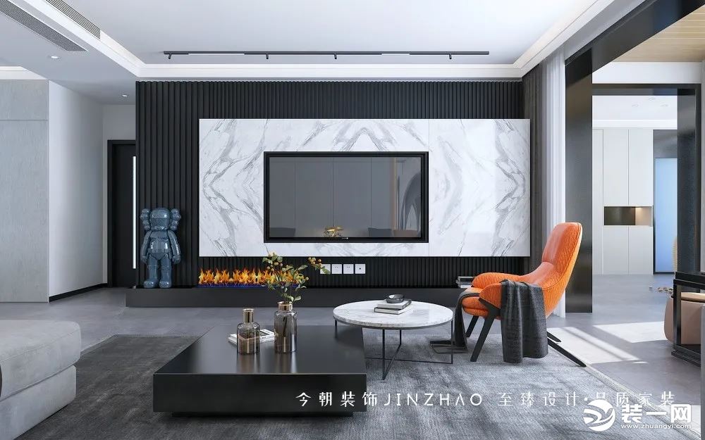 电视墙非对称设计，右侧瓷砖上墙，与深灰色背景墙分割，带来的空间感也是格外的舒适自然而高端。