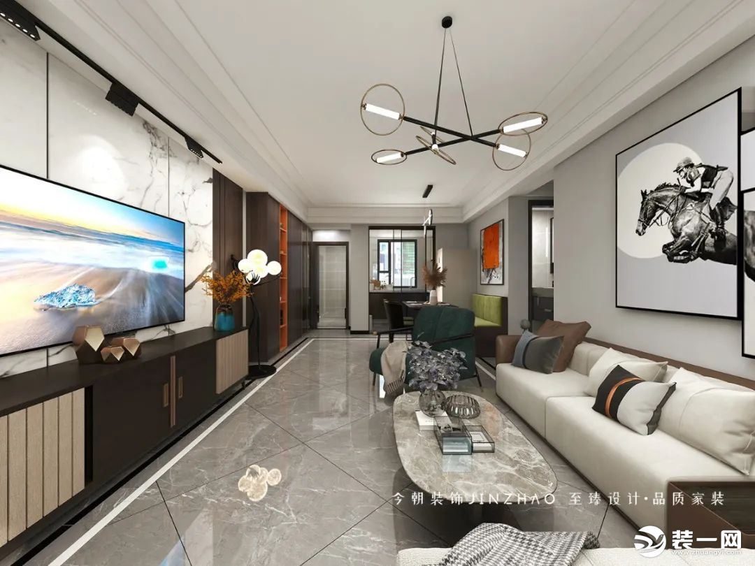 客厅，灰白两色为客厅营造简约的空间基调，大理石、木饰面、岩板、玻璃等材质的运用，突出极简现代的品质感