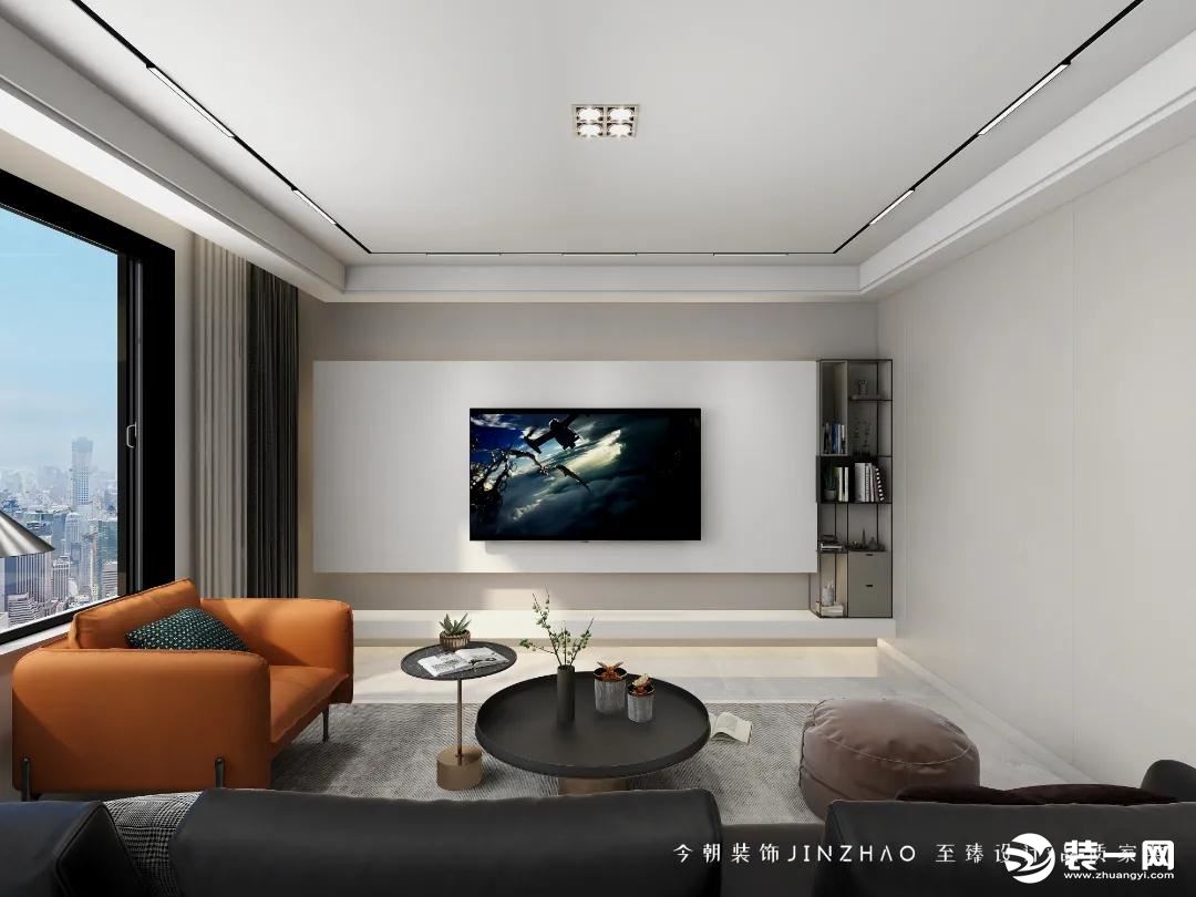 现代简洁的客厅空间，天花采取吊平顶的无主灯设计，整个空间显得简约舒适而大方。
