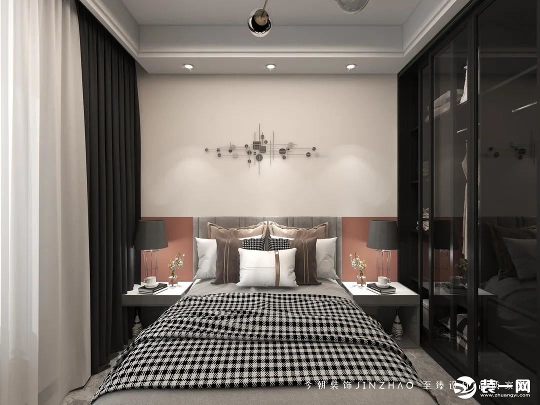柔和粉色墙面+白色半墙设计，与灰色的床品形成颜色的互补，更加温柔惬意。