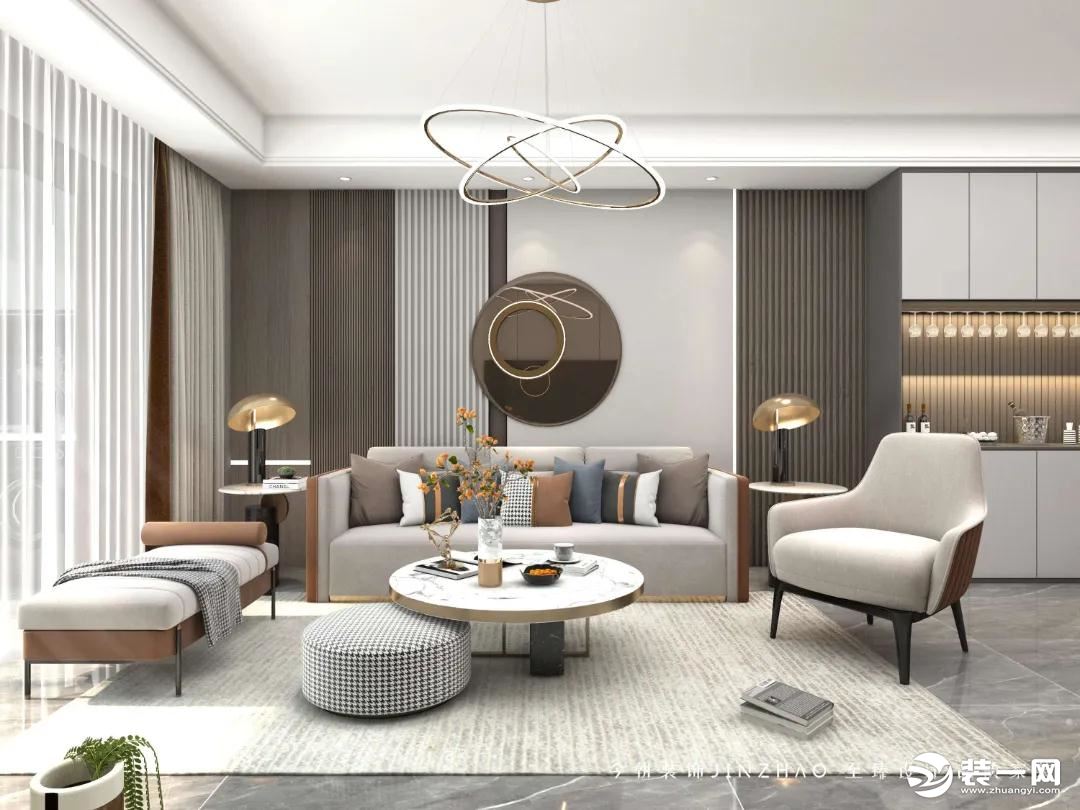 米灰色沙发和金属质感的圆形茶几，灰色墙面与木饰面结合，给人温润舒适的居家感受。