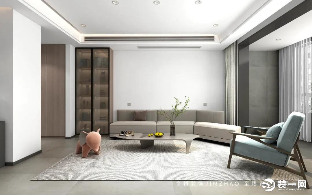 浅灰色的布艺沙发与原木材质很好地融合，整体色彩也是采用白色+灰色+原木色为主，打造简洁柔和的气氛。