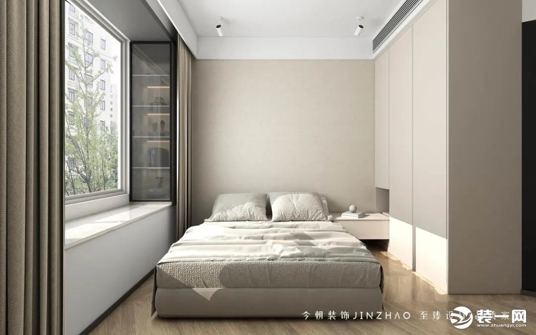 柜体延伸出床头柜，大面积的留白空间搭配灰色大床，温柔中不失沉稳与气质。
