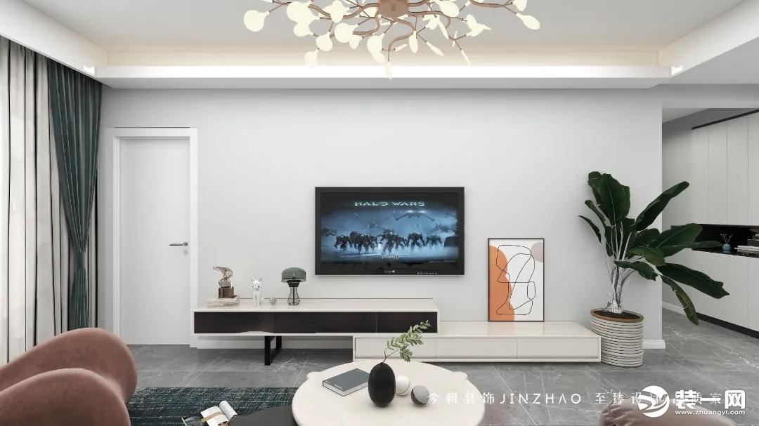 简洁的电视墙，布置高低错落电视柜+壁挂电视机，呈现出一种简洁大方的自然氛围感。