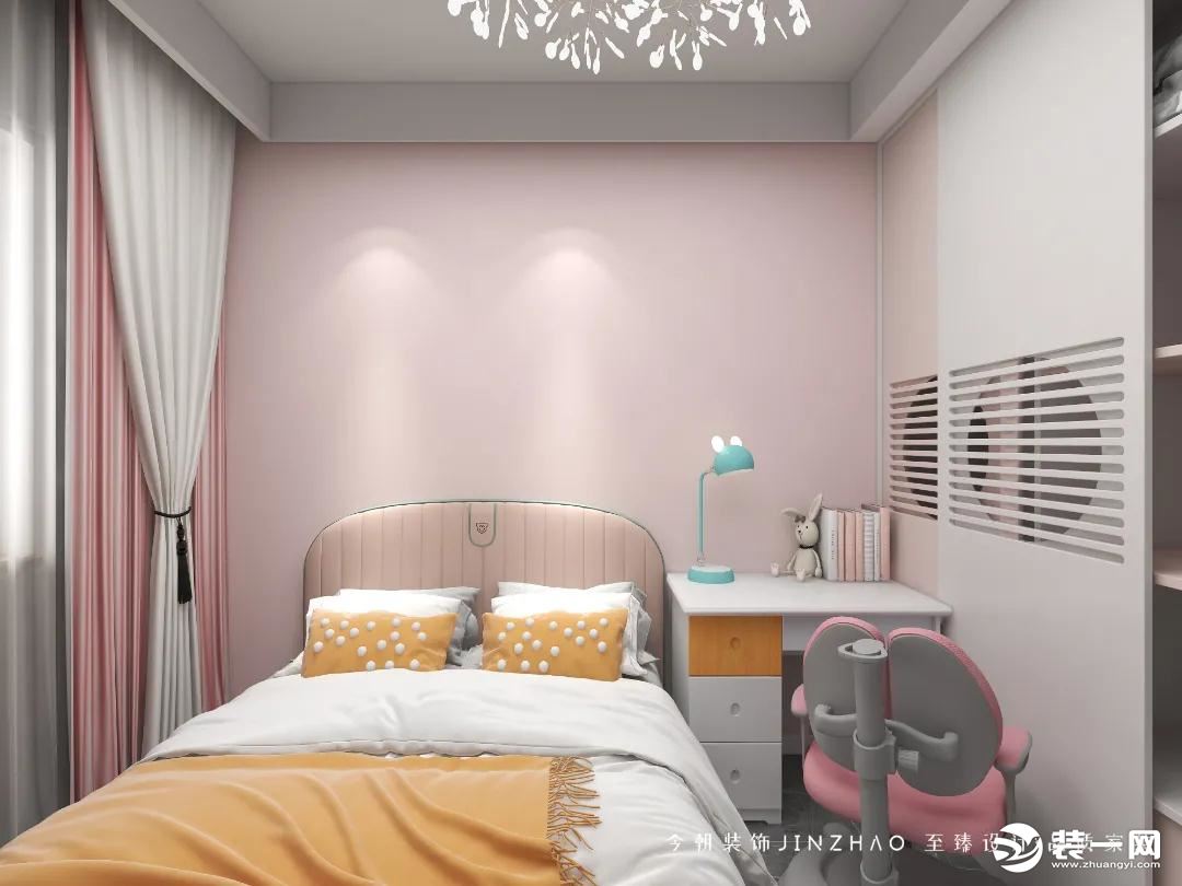 粉色墙面、窗帘、床具、儿童座椅让空间梦幻童趣。衣柜镂空部分让空间保持空气流通。