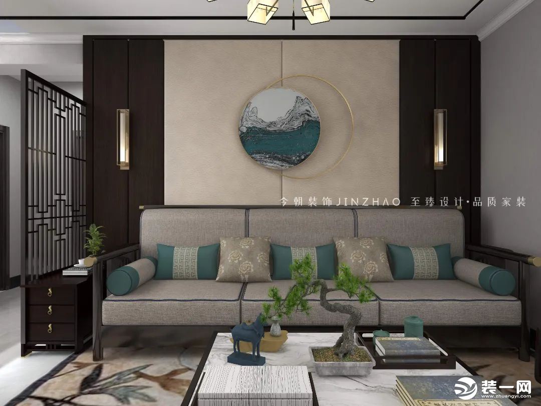 装饰摆件的对称、严谨的功能布局、干净简洁的线条，让客厅沙发背景墙保留了中式古典风格的灵魂特性。