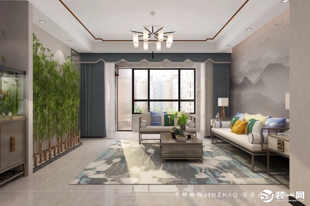 客厅整体，简洁大方，优雅美观。室内浅色系为主，蓝色窗帘，及绿植的点缀，让效果更丰富、意蕴。