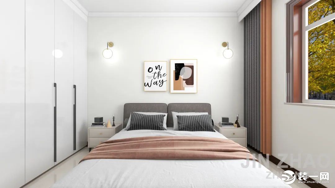 卧室偏向现代简约风，整体浅色调，温馨柔和，灰色、橙色拼色窗帘时尚高级。